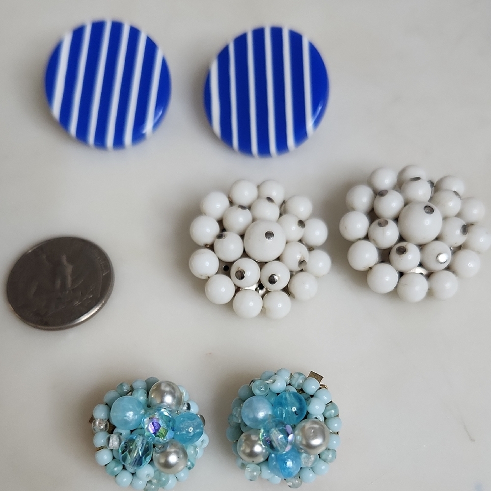 West Germany ,Hong Knog Clip-On Blue Mitif Earrings Set (3)